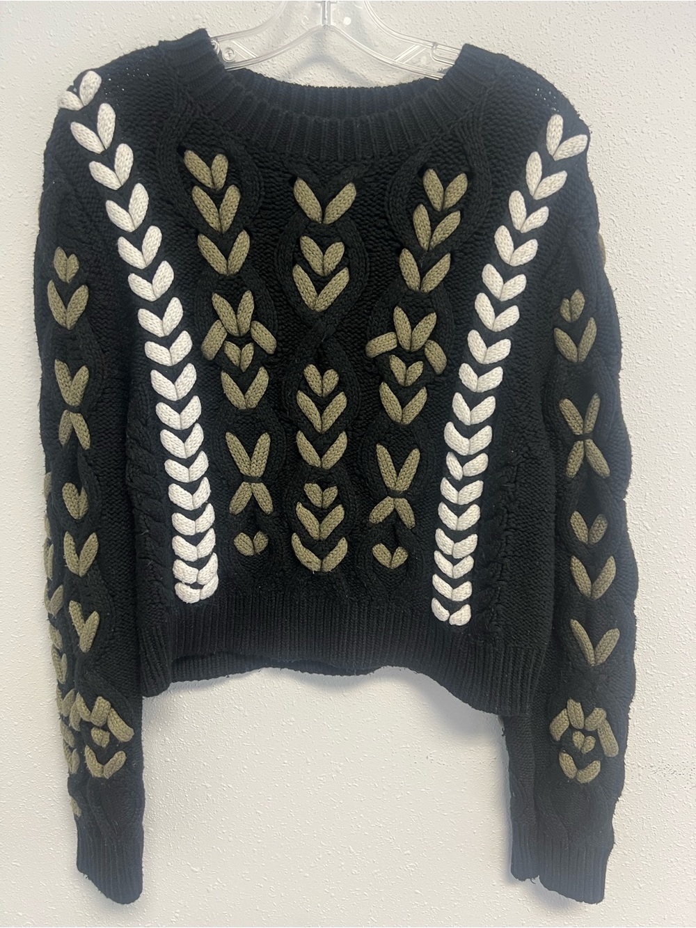 Jason Wu Black Cable Knit Sweater with Olive and Ivory Braided Motifs